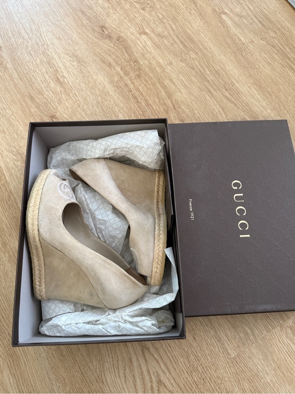 Gucci Beige Suede Peep-Toe Wedges with Logo Detail